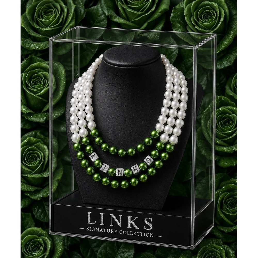 Links Signature Collection Triple Strand Green White Pearl Letter‎ Necklace NEW